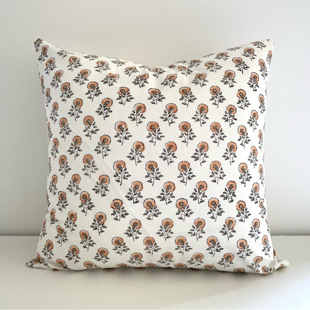 18x18 block print floral bud 100% cotton square pillow cover peach grey white #1